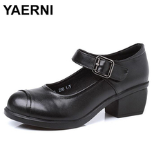 Yaerni2021-zapatos de tacón de piel auténtica con punta redonda para mujer, calzado 100% con plataforma poco profunda, para primavera y otoño, E440 2024 - compra barato