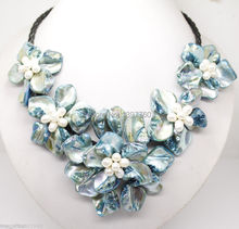 Free shipping Miss charm Jew.124 new blue mother of pearl shell flower necklace 18"long 2024 - buy cheap