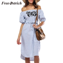 Free Ostrich 2019 Women Off Shoulder Dress Short Sleeve Slash Neck Striped Casual Dress Straight Elegant Daily Party Style Dress 2024 - buy cheap