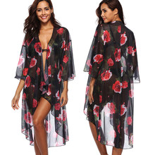 Long Bikini Cover Up 2018 Pareo Beach Cover Up Summer Swimwear Women Beach Cardigan Wear Floral Print Bathing Suit Cover Ups 2024 - buy cheap