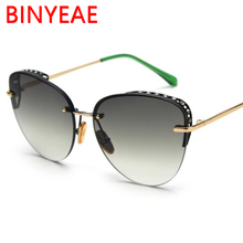 New Cat Eye Gradient Green Sunglasses Womens Brand Designer Diamond Decoration Rimless Pink Glasses Fashion Cateye Sunglass 2024 - buy cheap