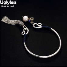 Uglyless Exotic Silver Tassel Bangles for Women Solid 99.9% Full Silver Heart Sutra Adjustable Bangles Pearls Charms Bracelets 2024 - buy cheap