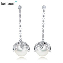 LUOTEEMI-pendientes de perlas de imitación para mujer, joyería CZ de cristal de Color oro blanco, accesorios de boda 2024 - compra barato