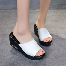 Women Slippers Fashion Summer Shallow PU Leather Thick Bottom Non-slip Outside 7CM High Wedges Casual Solid Female Shoes 2024 - buy cheap