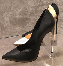 Moraima-zapatos de tacón alto de cuero negro para mujer, calzado Sexy con punta puntiaguda, para oficina, boda, color dorado y Nude, novedad 2024 - compra barato
