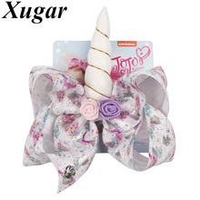 Xugar Jojo Siwa Hair Accessories 8" Unicorn Hair Bows for Girls Large Ribbon JOJO BOWS with Leather Horn Floral Kids Hairgrips 2024 - buy cheap