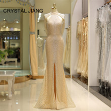 CRYSTAL JIANG-vestido largo sin mangas para mujer, vestido de noche de lujo con cuello Halter, Cuentas grandes de cristal, agujero en la espalda, abertura frontal, tren de barrido, 2020 2024 - compra barato