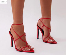 Zapatos de fiesta para mujer, sandalias con recortes, zapatos de boda, sandalias con cordones, punta de Gladiador, tacón alto rojo, novedad de 2020 2024 - compra barato
