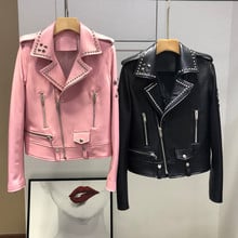 Woman Coats Genuine Leather 2018 Autumn Winter Sheepskin Leather Coat Female Motorcycle Jackets Rivet Genuine Leather Short Pink 2024 - buy cheap