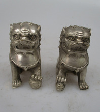 Collectible Decorated Old Handwork Tibet Silver Carved Fu Foo Dog Statue/Home Feng Shui Lion Sculpture 2024 - buy cheap