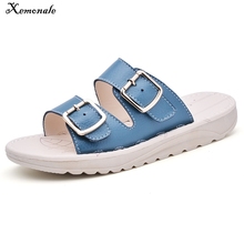 Xemonale 2018 Summer women flat sandals Shoes Leather black white beach slippers round toe sandals flip flops female Slides 2024 - buy cheap