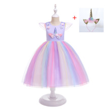 Girl Rainbow Unicorn Costume Flower Girls Pageant Princess Party Dress With Free Headband 2024 - buy cheap