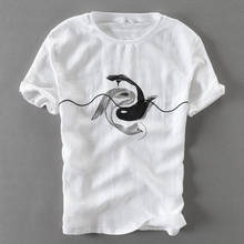 Мужская льняная футболка с круглым вырезом и принтом, летняя футболка с короткими рукавами, брендовая одежда 2024 - купить недорого