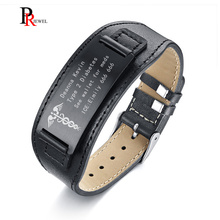 Pulsera de cuero genuino para hombre, brazalete de identificación de Grabado libre, 6,69 "-8,66", nombre personalizado, enfermedad, información de hielo 2024 - compra barato