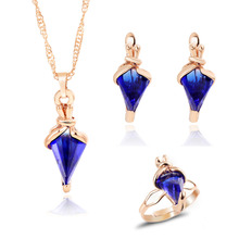 New Arrival Gold Color Chain Royal Blue Crystal Fashion Costume Jewelry Sets for Women Pendant Necklace Drop Earrings Ring Sets 2024 - buy cheap