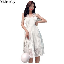 Yilin kay 2019 alta qualidade moda runway designer vestido de renda sexy sem costas fios net fita vestido férias 2024 - compre barato