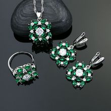 Bridal Silver 925 Jewelry Sets For Women Natural Green White Cubic Zirconia Flower Shaped Earrings Ring Necklace Pendant Set 2024 - buy cheap