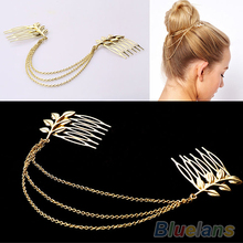Diadema con forma de hoja para el pelo para mujer, accesorio elegante con personalidad, peine, cadena, color dorado, 96PY 2024 - compra barato