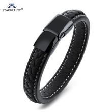 Starbeauty Cool Black Cowhide Leather Bracelet Men Hand Woven Bracelets Bangles Magnetic Buckle Men Bracelet Student Jewelry 2024 - buy cheap