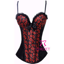 Black And Red Satin Lacing Zipper Bustiers With Strap Top Corset  Women Hot Bow Lips Burlesque Outerwear Corsets Push Up Shaper 2024 - buy cheap