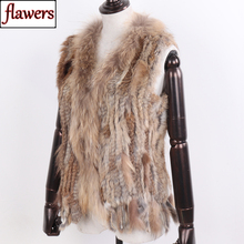Hot Sale Women Genuine Real Rabbit Fur Vest Spring Autumn Lady Knitted Tassel Real Rabbit Fur Gilet With Real Raccoon Fur Collar 2024 - buy cheap