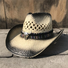 Chapéu de vaqueiro ocidental, feminino, masculino, casaco feito a mão de palha 2024 - compre barato