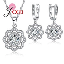 Elegant Flower Design 925 Sterling Silver AAA Crystal Wedding Bridal Jewellery Set For Women Earrings Necklace Set 2024 - buy cheap