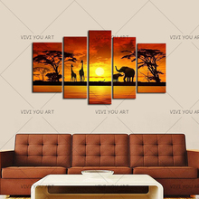 Handpainted Abstract Landscape Oil Paintings On Canvas Large 5 Panel Wall Painting Modern African Tree Elephant Pictures Arts 2024 - buy cheap