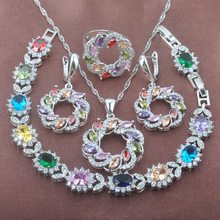 Multicolor Zirconia Women's Silver Plated Jewelry Sets Bracelet Necklace Pendant Earrings Ring YZ0376 2024 - buy cheap