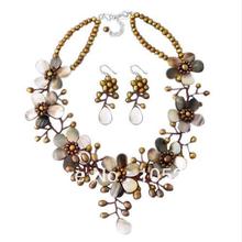 Impresionante collar de flores de concha Natural y perlas marrones de agua dulce de 4-20mm, pendientes de plata de ley S925 de 18 pulgadas, conjunto de joyería de moda 2024 - compra barato