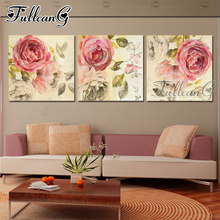 FULLCANG-pintura de tríptico de flores rosas, bordado de diamantes diy de 3 piezas, taladro cuadrado/redondo completo, patrón de mosaico 5d, arte FC660 2024 - compra barato