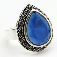 RARE FACETED 25*20mm BLUE CRYSTAL &MARCASITE 925 STERLING SILVER RING SIZE 7/8/9/10 2024 - buy cheap