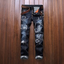 Novelty Design Men's Straight Patchwork Jeans Casual Scratched Hole Ripped Jeans Fashion Denim Biker Pants Straight Trousers 2024 - buy cheap