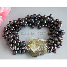 4ROWS 8'INCHS AA 6MM-7MM BAROQUE BLACK RICE FRESHWATER CULTURED PEARL BRACELET BEAUTIFUL SHELL FLOWER CLASP FREE SHIPPING FN1212 2024 - buy cheap