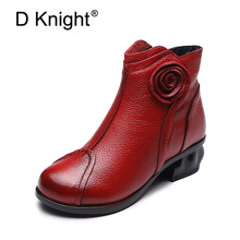 New Fashion Round Toe Side Zipper Low Heeled Women Ankle Boots Vintage Genuine Leather Winter Plush Warm Snow Boots Size 35-41 2024 - buy cheap