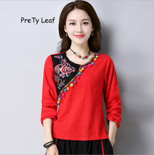 2018 spring new retro national wind embroidery cotton linen  T shirt 2024 - buy cheap