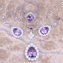 Purple Cubic Zirconia White CZ Silver Plated Jewelry Sets Earrings Pendant Ring Size 5 / 6 / 7 / 8 / 9 / 10 / 11 / 12 S0839 2024 - buy cheap