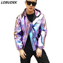 2019 Men PU Leather Hooded Cap Jacket HIP HOP Rock Loose Coat Tide Male Singer Dancer Nightclub Dance Team Stage Costume Purple 2024 - buy cheap