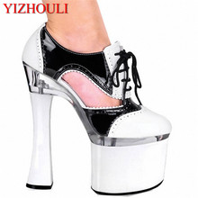 Sapatos clássicos pretos e brancos femininos, calçados de salto alto com 18cm de espessura, sexy, plataforma com tira de tornozelo, cor bloco colorido de 7 tamanhos 2024 - compre barato