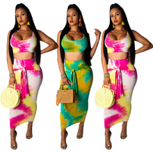 Sexy Two Piece Set Club Outfits Tie Dye Crop Top and Midi Skirt Set Bodycon 2 Piece Summer Clothes Women Matching Sets 3 Color 2024 - buy cheap