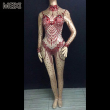 Sparkly allure red sexy glass diamond rhinestone jumpsuit bar party party concert singer dancer costume 2024 - buy cheap