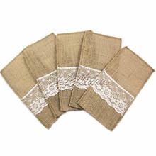 New Arrive Vintage 4"x8" Hessian Burlap Lace Wedding Tableware Pouch Cutlery Holder Decorations Favor 2024 - buy cheap