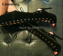 New Fashion Women Peep Toe Suede Leather Lace-up Knee High Gladiator Boots Cut-out Black Stiletto Heel Long Boots Club Shoes 2024 - buy cheap