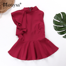 Tops con Peplum con volantes para mujer, blusas informales sin mangas de cintura estrecha para mujer, camisas rojas, azules y blancas 2019 2024 - compra barato