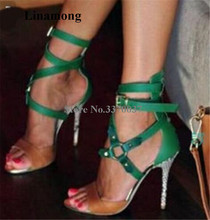 Verão nova moda feminina dedo do pé aberto tiras verdes stiletto salto gladiador sandálias de retalhos fivelas sandálias de salto alto vestido sapatos 2024 - compre barato