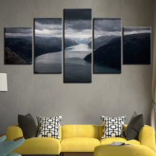 Quadros impressos hd decoração sala de estar arte de parede estrutura 5 peças montanha rio nuvens escuro pintura em tela poster modular 2024 - compre barato
