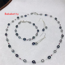 Collar de perlas de agua dulce Natural de 5-6MM con forma de arroz, pulsera de 18 "y 7,5", conjunto de pendientes AAA 2024 - compra barato