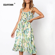 ELSVIOS Sexy Strapless Ruffle Beach Summer Dress Women Floral Print Sleeveless A-Line Party Dress Elegant Sashes Female Dresses 2024 - buy cheap