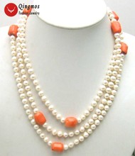 Qingmos Natural Freshwater White Pearl Necklace for Women with 6-7mm Round Pearl Long Necklace & Baroque Pink Coral Necklace 2024 - buy cheap