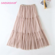 LUNDUNSHIJIA 2019 New Arrival Summer Elastic Waist Women Pleated Skirt Good Quality Mesh Long Skirts 5 Colors 2024 - buy cheap